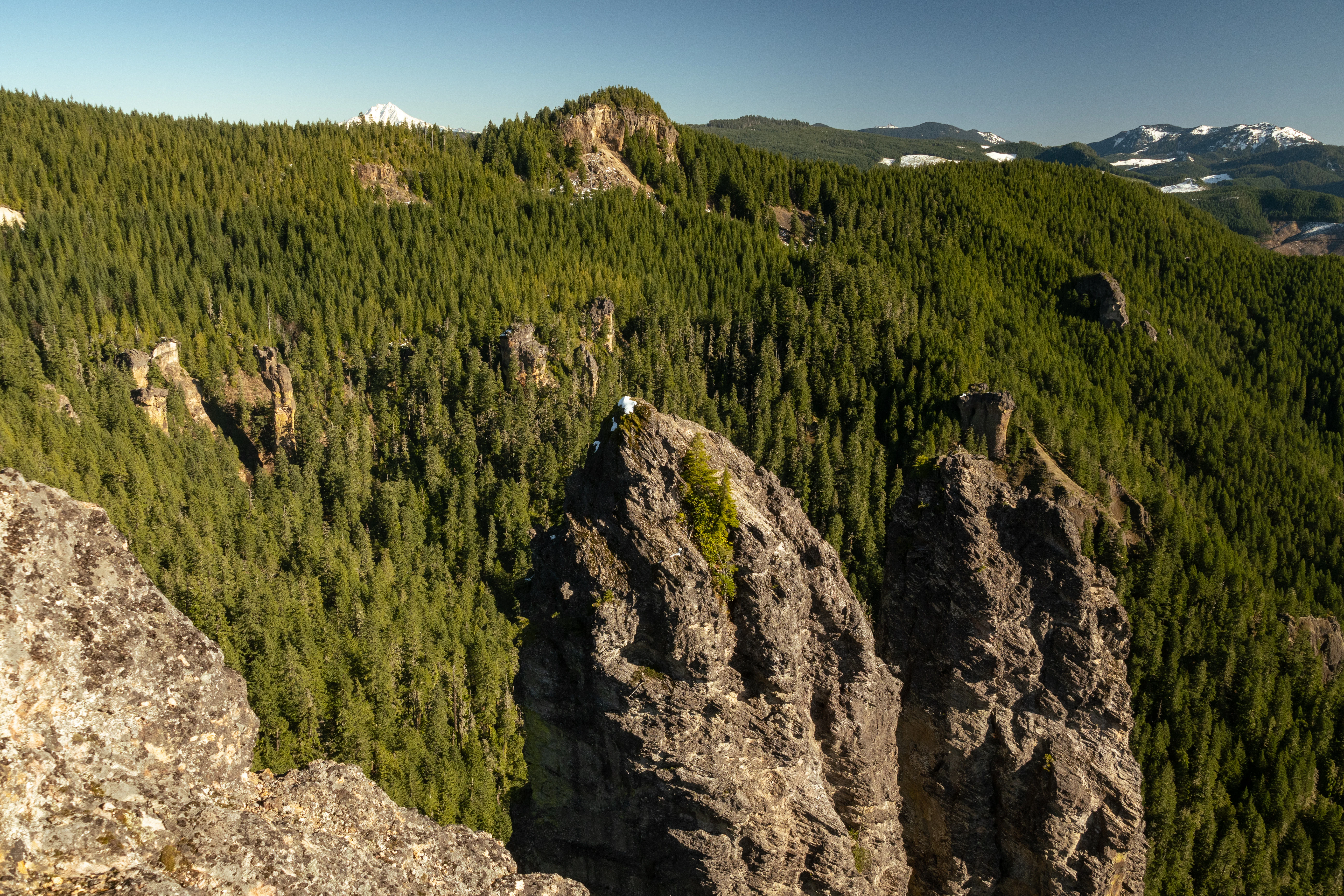 High-angle view of rugged volcanic rock spires rising from a dense coniferous forest in the Cascade Range, with distant snow-capped mountains visible on the horizon.