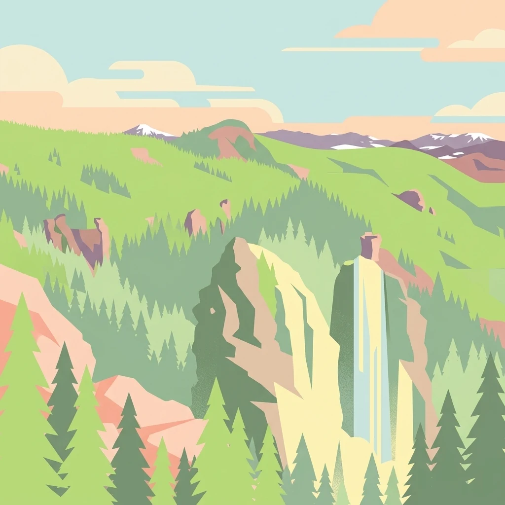 A flat-design, vector-style illustration of a mountainous wilderness scene with tall coniferous trees, steep rocky cliffs, and distant snow-capped mountains under a light sky.
