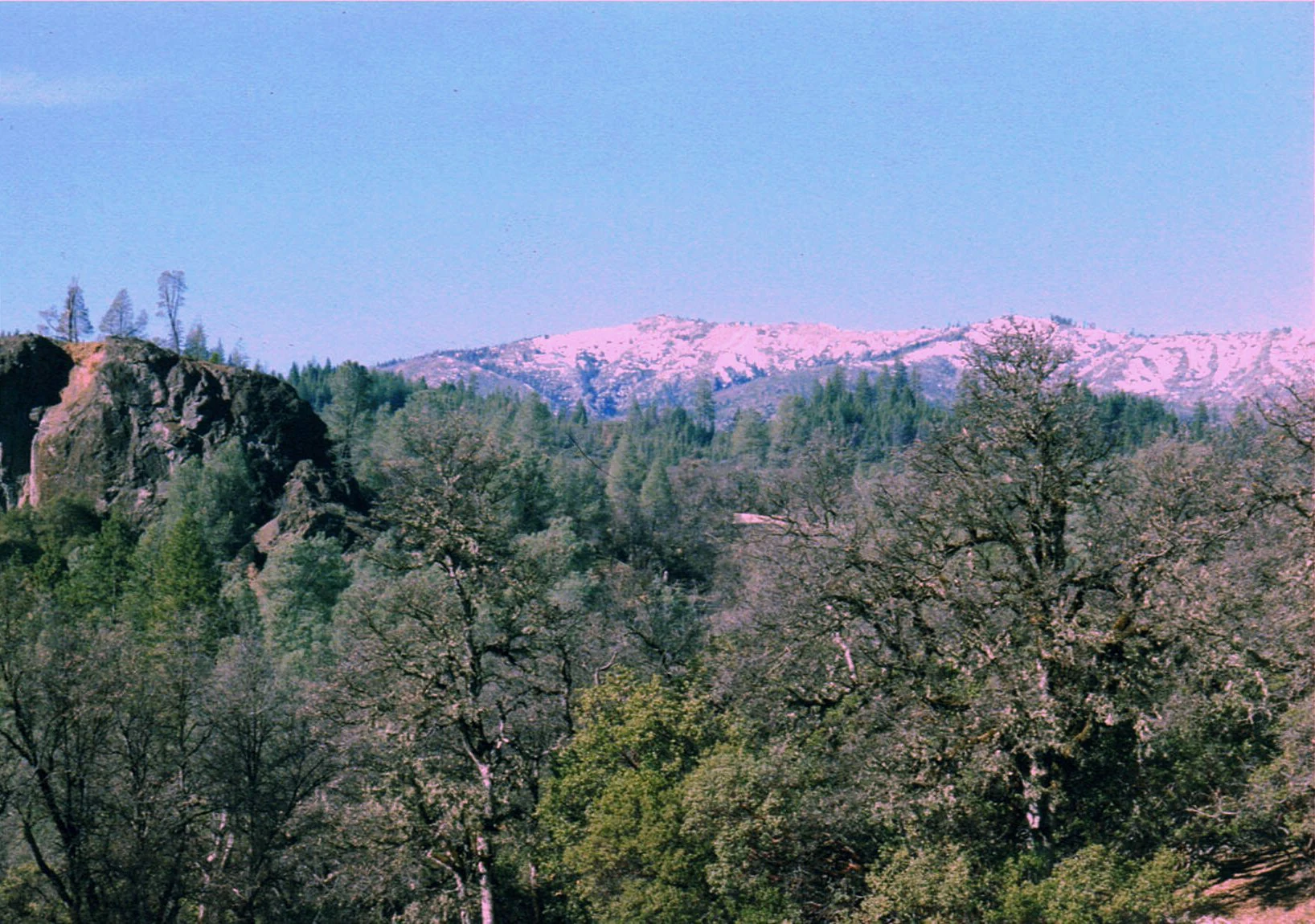 A wide scenic view of forested hillsides in the foreground leading to light-colored, rocky mountain peaks under a clear sky.