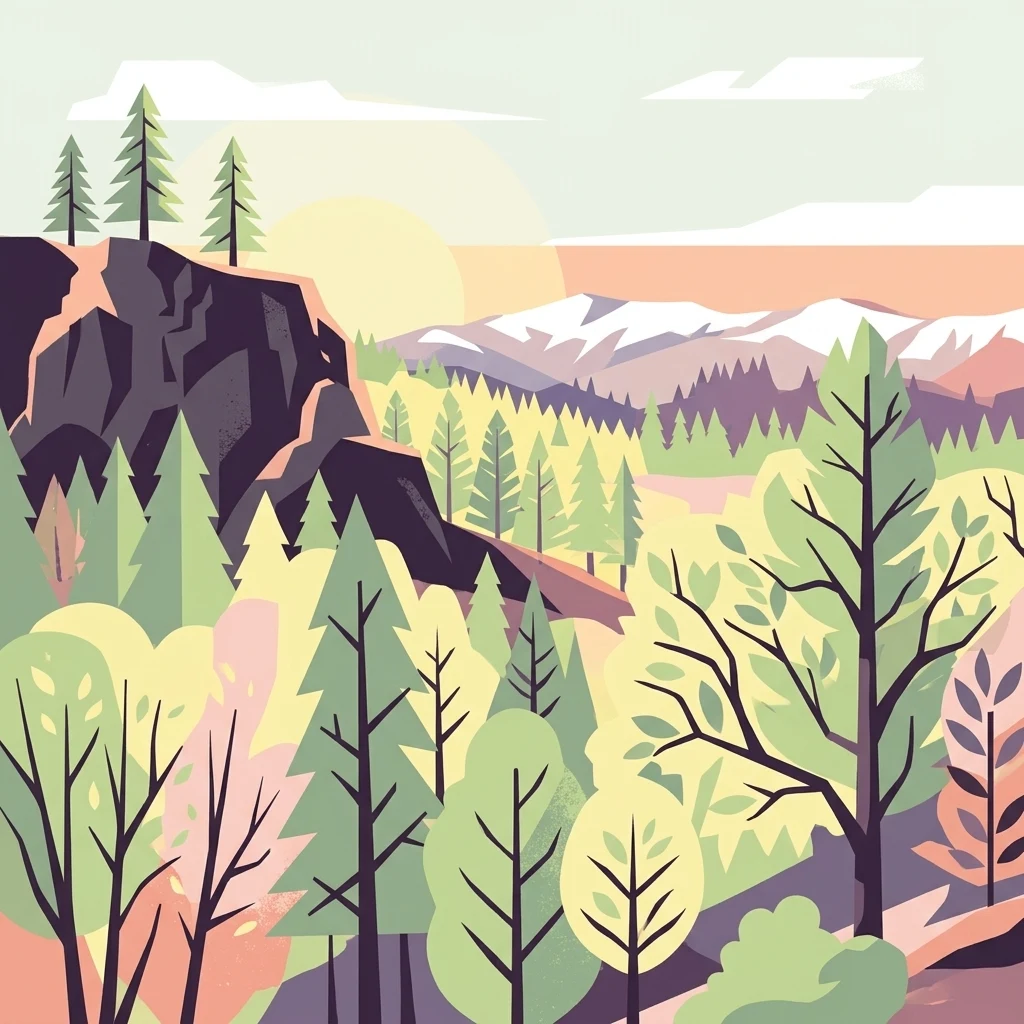 An illustration showing a mountain landscape with coniferous trees, a prominent rocky cliff on the left, and distant snow-capped peaks under a soft sun.