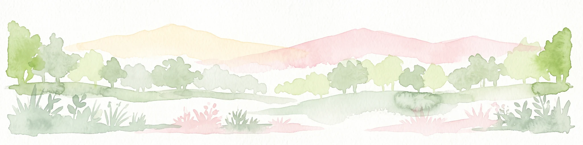 A watercolor illustration showing a soft, panoramic view of green trees and rolling hills against pale, pinkish-yellow mountains in the background.