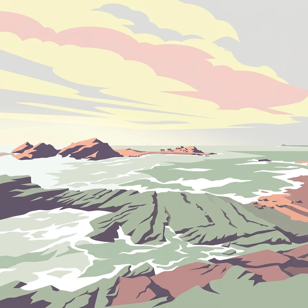 A digital illustration of a coastal scene with layered, geometric rock formations in the foreground, waves crashing against the shore, and rocky islands under a pastel sky.