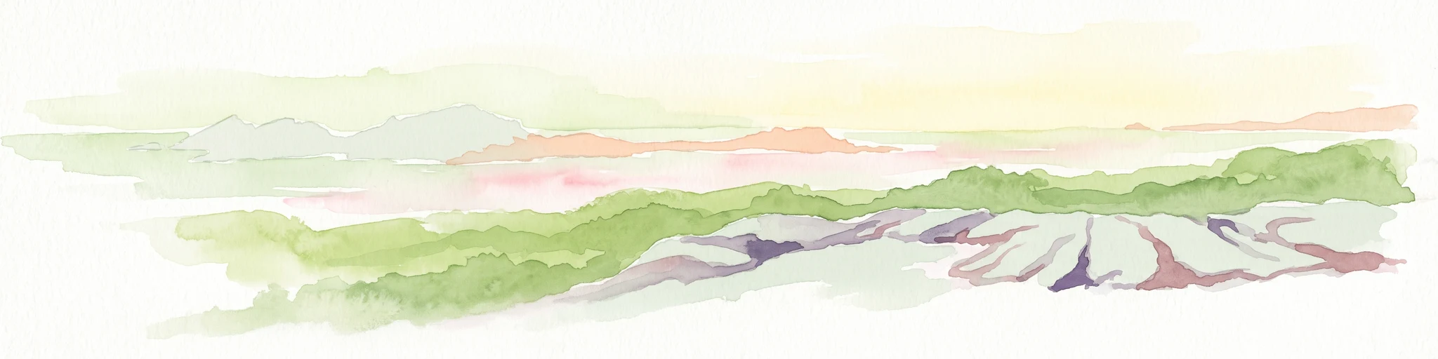 A pale, minimalist watercolor painting showing layers of coastal hills, greenery, and dunes fading into a distant, hazy horizon.