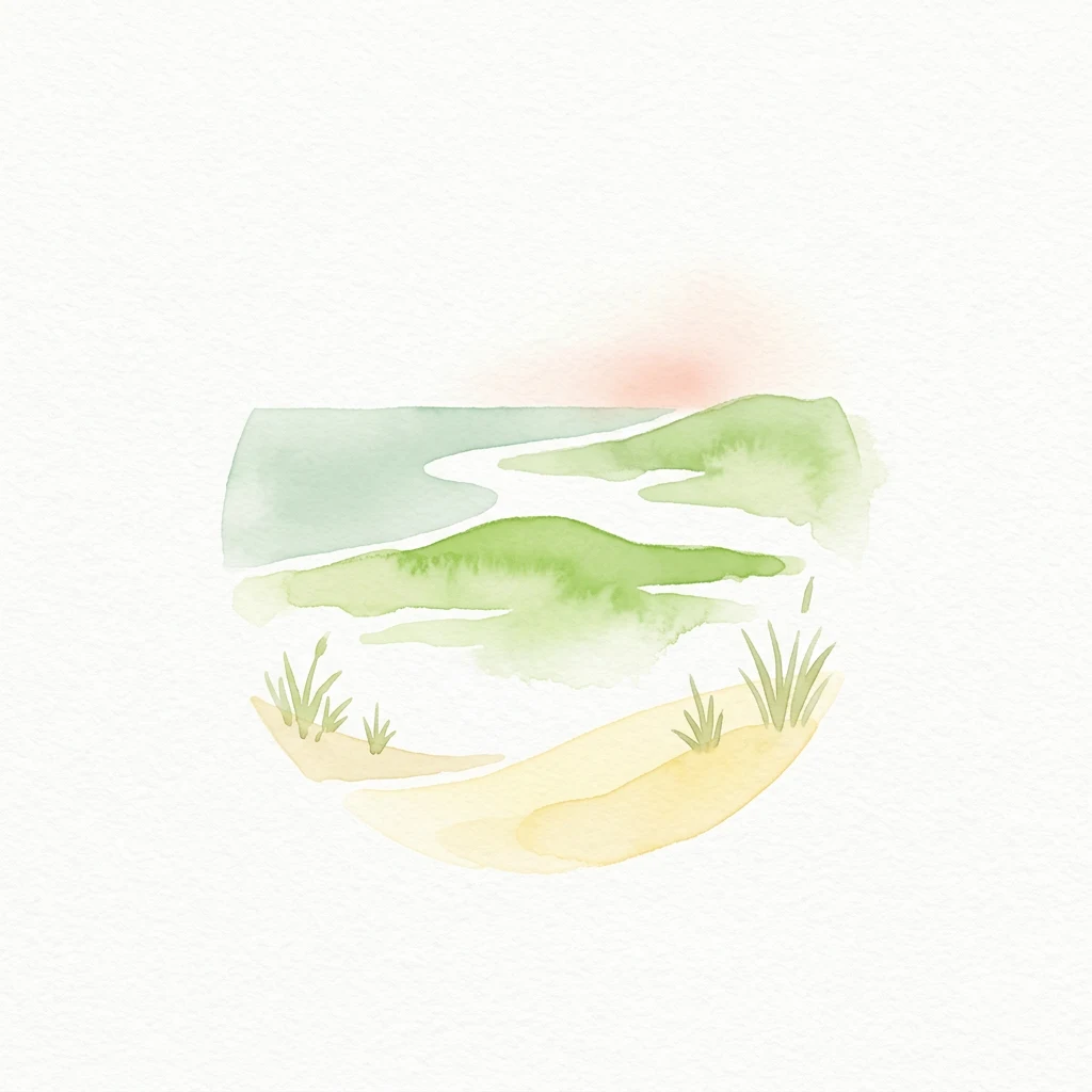 Ilustración en acuarela que muestra un río fluyendo a través de colinas verdes con un primer plano cubierto de hierba y un cielo rosado