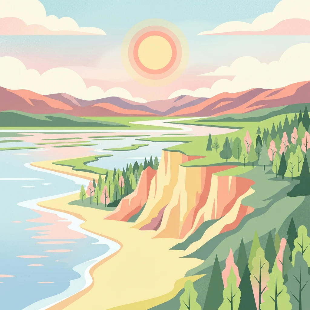 Ilustración estilizada de una escena costera con acantilados, playa de arena, aguas tranquilas, bosques verdes y montañas bajo un cielo soleado