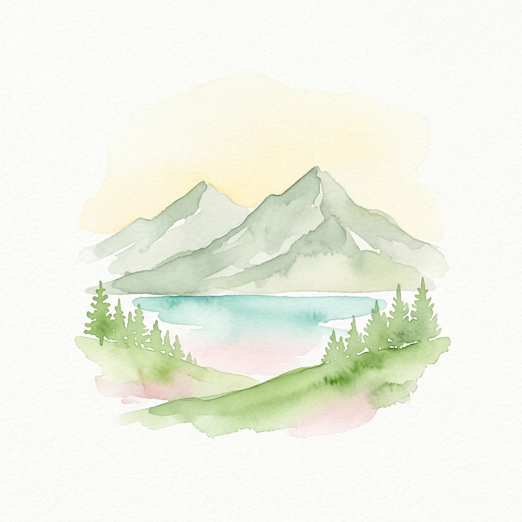 Pintura acuarela de montañas, un lago y pinos