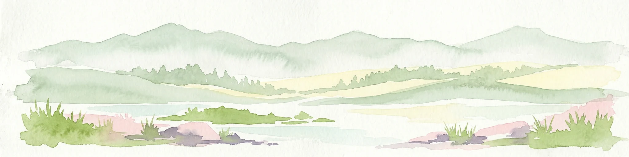Watercolor illustration of a mountainous landscape featuring a river, rolling hills, and green vegetation