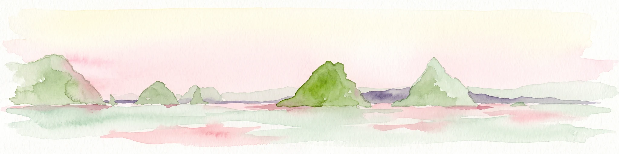 A soft watercolor illustration of green island peaks rising from a calm pinkish water surface against a light, hazy sky.