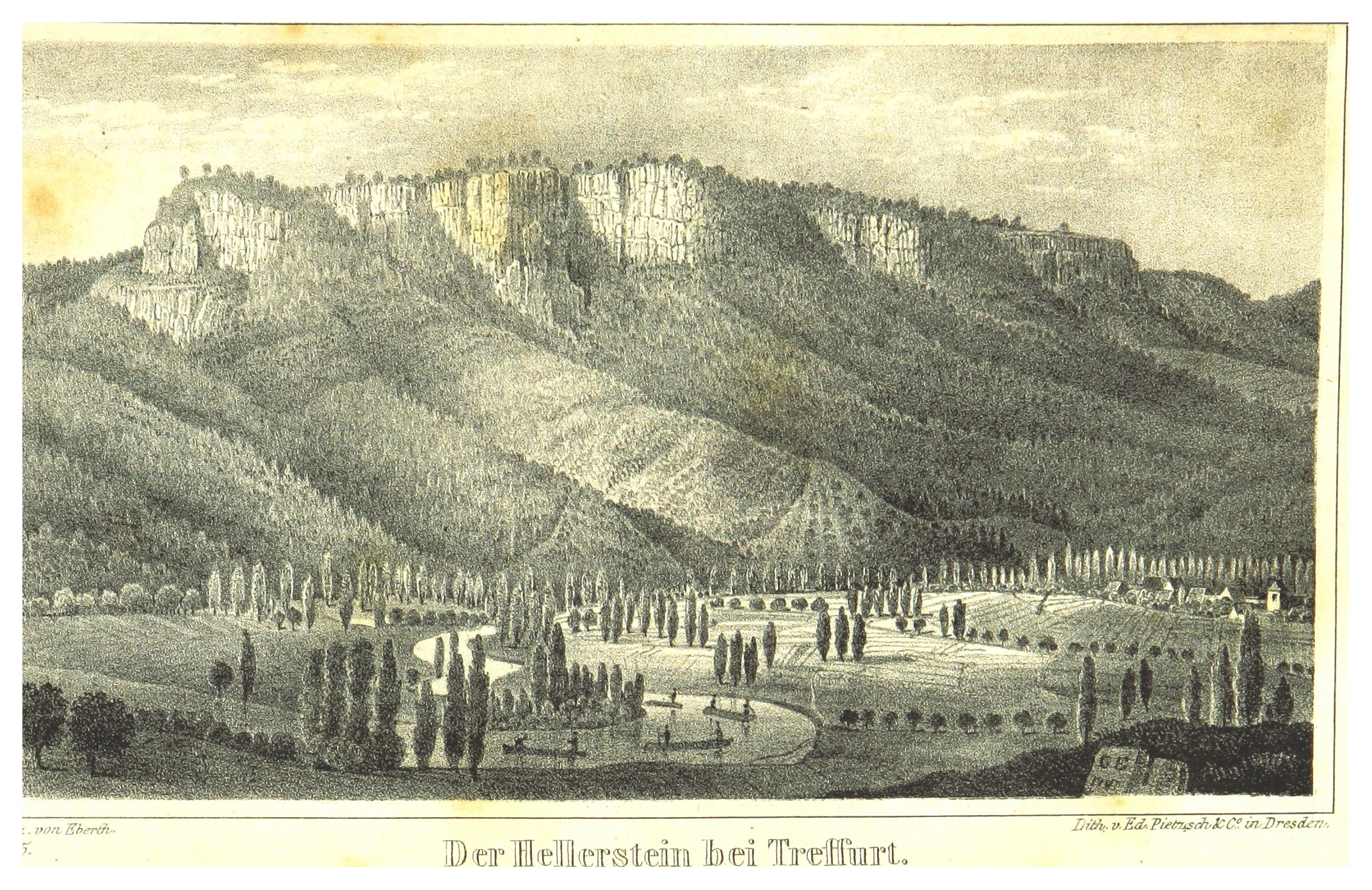 Una litografía histórica en blanco y negro que muestra los escarpados acantilados rocosos de Heldrastein elevándose sobre una ladera boscosa, con un río y un paisaje de valle en primer plano.