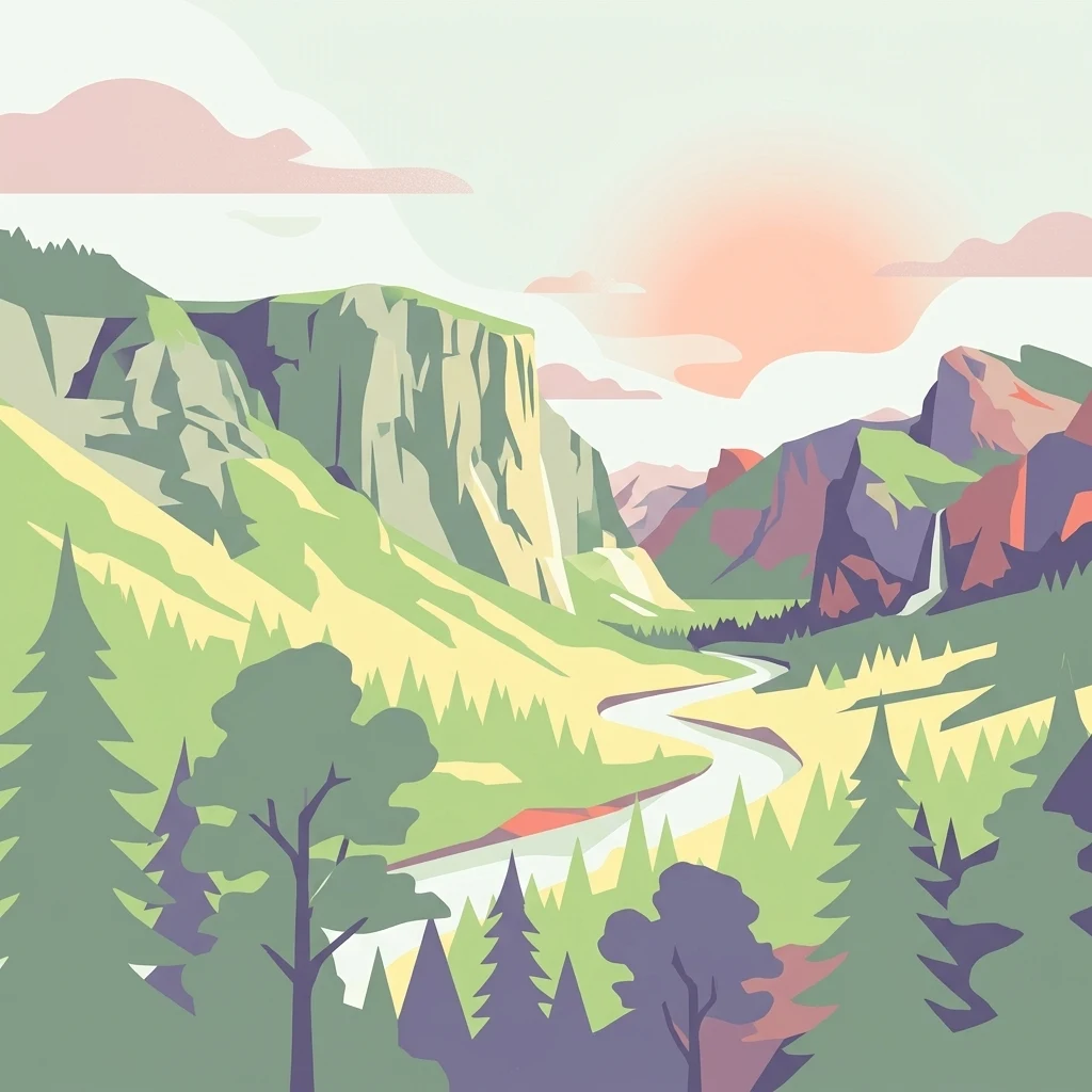 Vector-style illustration of a deep mountain valley featuring a winding river, steep rock cliffs on the sides, and a forested foreground under a soft setting sun.