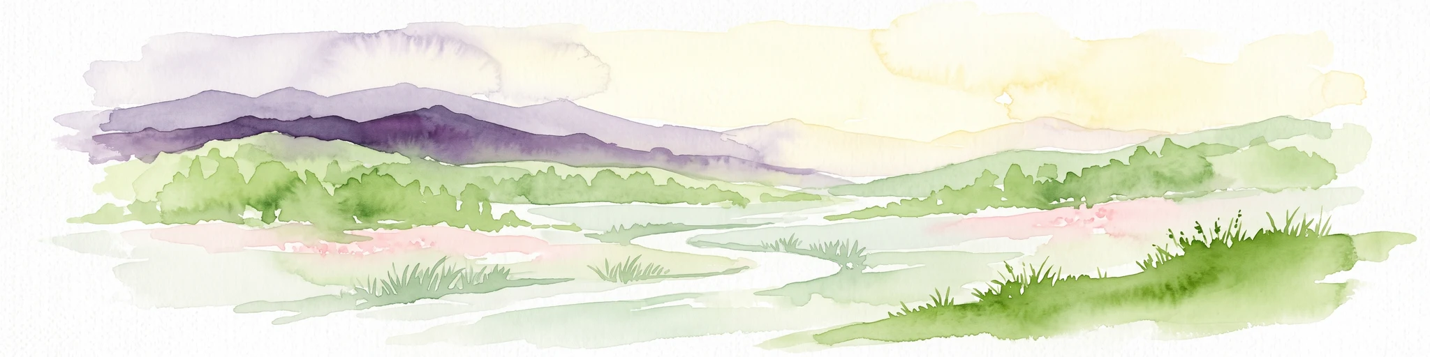 Watercolor painting of a rolling green landscape with a winding trail leading toward purple mountains under a soft light.