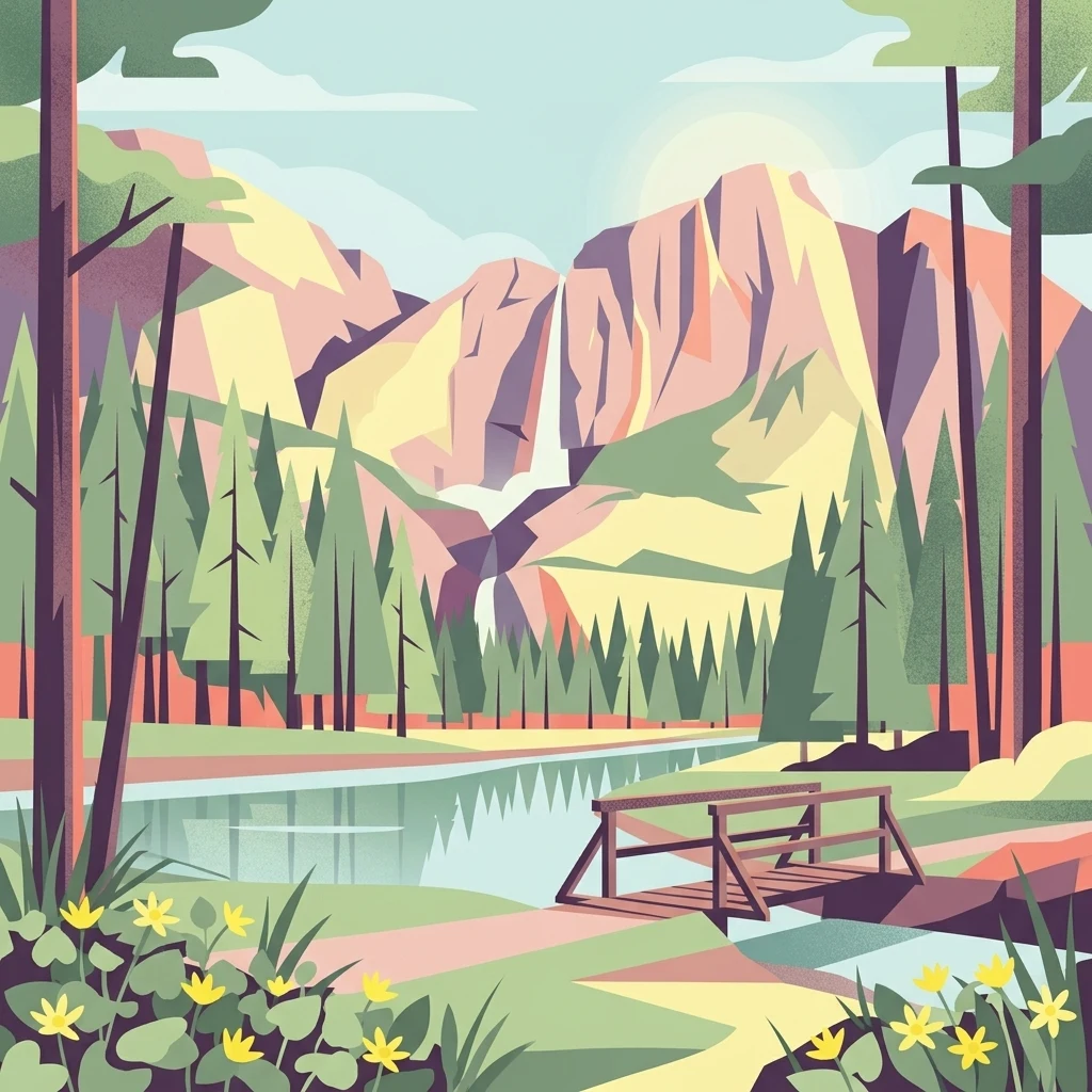 Una vibrante ilustración gráfica de un paisaje de parque escénico con imponentes montañas, una alta cascada, árboles coníferos, un río reflectante y un pequeño puente de madera en primer plano.