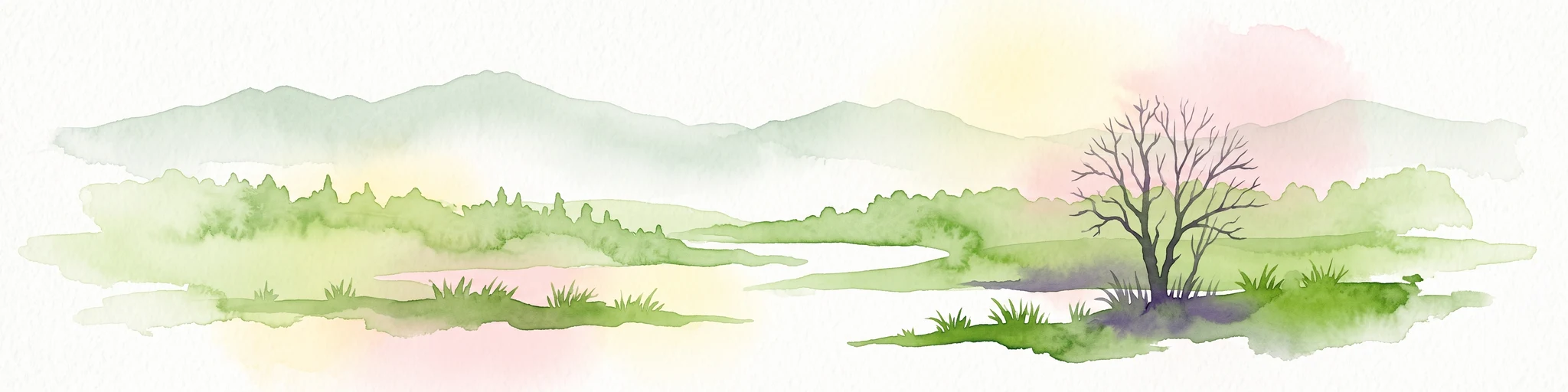 Una pintura en acuarela que representa un paisaje de enfoque suave con colinas verdes onduladas en la distancia, un primer plano cubierto de hierba y un único árbol de ramas desnudas en el lado derecho.