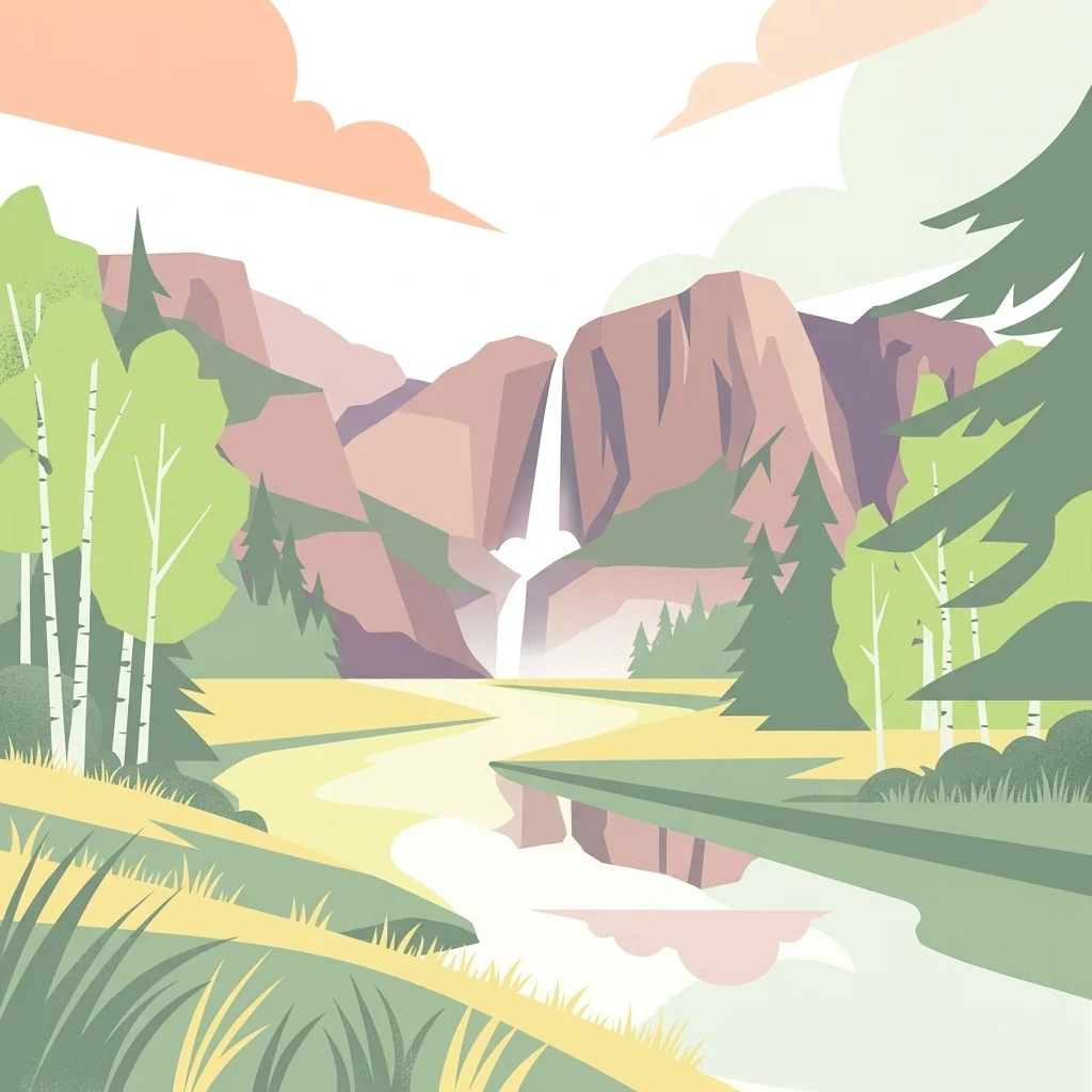 A flat, minimalist digital illustration showing a mountain valley with a waterfall in the distance, a meandering river in the foreground, and birch and evergreen trees on the sides.