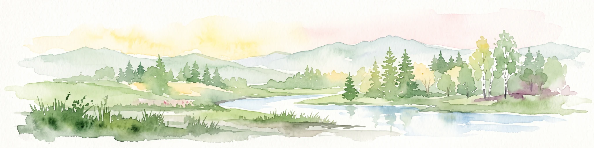 Una pintura horizontal en acuarela que representa un río sereno fluyendo a través de un paisaje boscoso con suaves colinas onduladas al fondo.