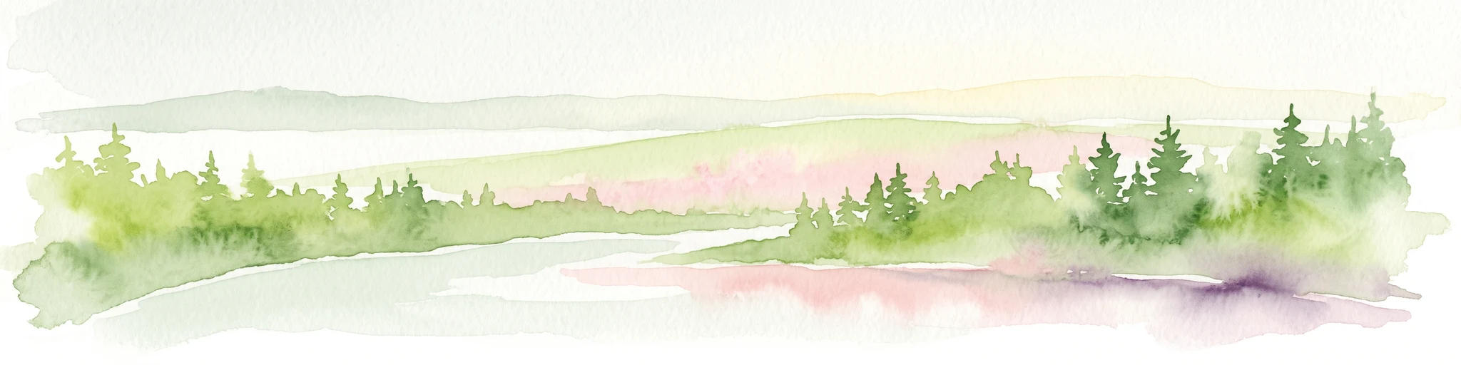 Una pintura en acuarela que muestra un paisaje suave y brumoso de pinos junto a una masa de agua, representado en tonos de verde, rosa claro y púrpura suave.
