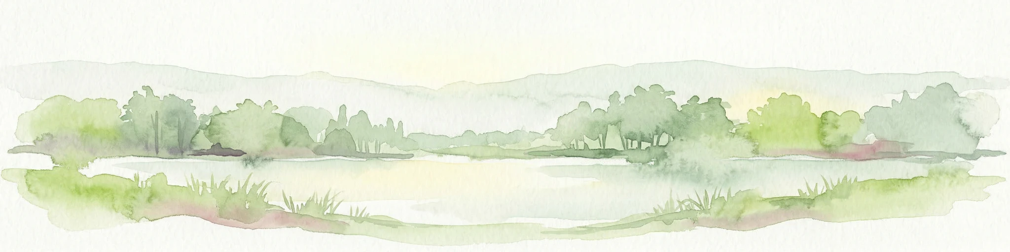 Pintura de acuarela de un lago rodeado de árboles y colinas distantes
