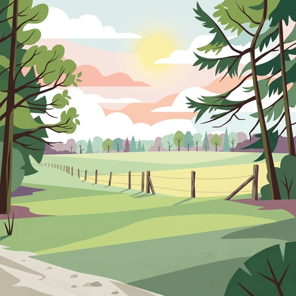 A digital illustration of a peaceful rural scene featuring a wide green meadow surrounded by forest and framed by trees in the foreground, with a thin wooden fence stretching across the field and a soft, warm sunset in the background.