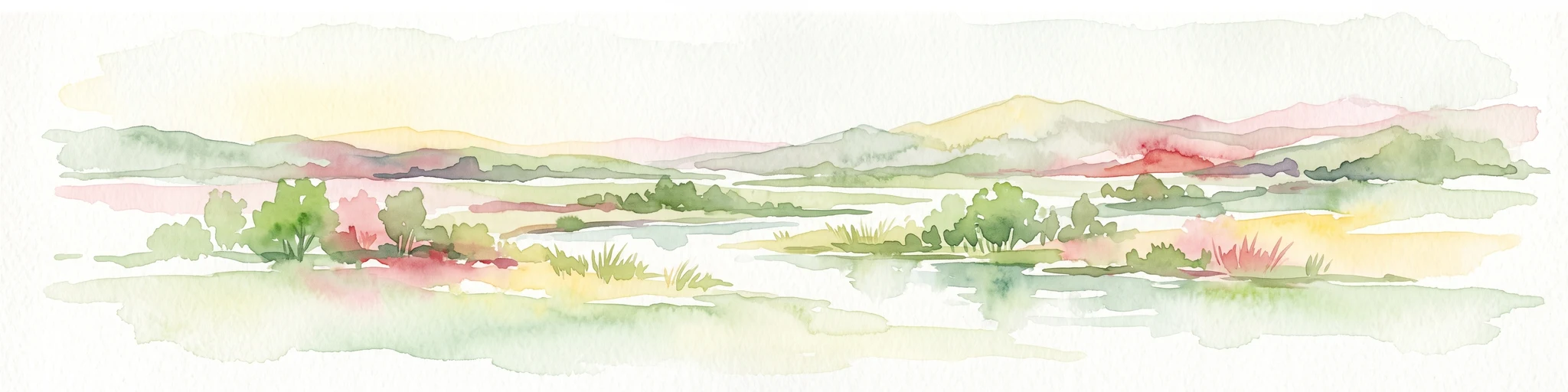 A watercolor painting showing a soft, panoramic view of rolling green hills, lush vegetation, and water, with a light and airy artistic style.