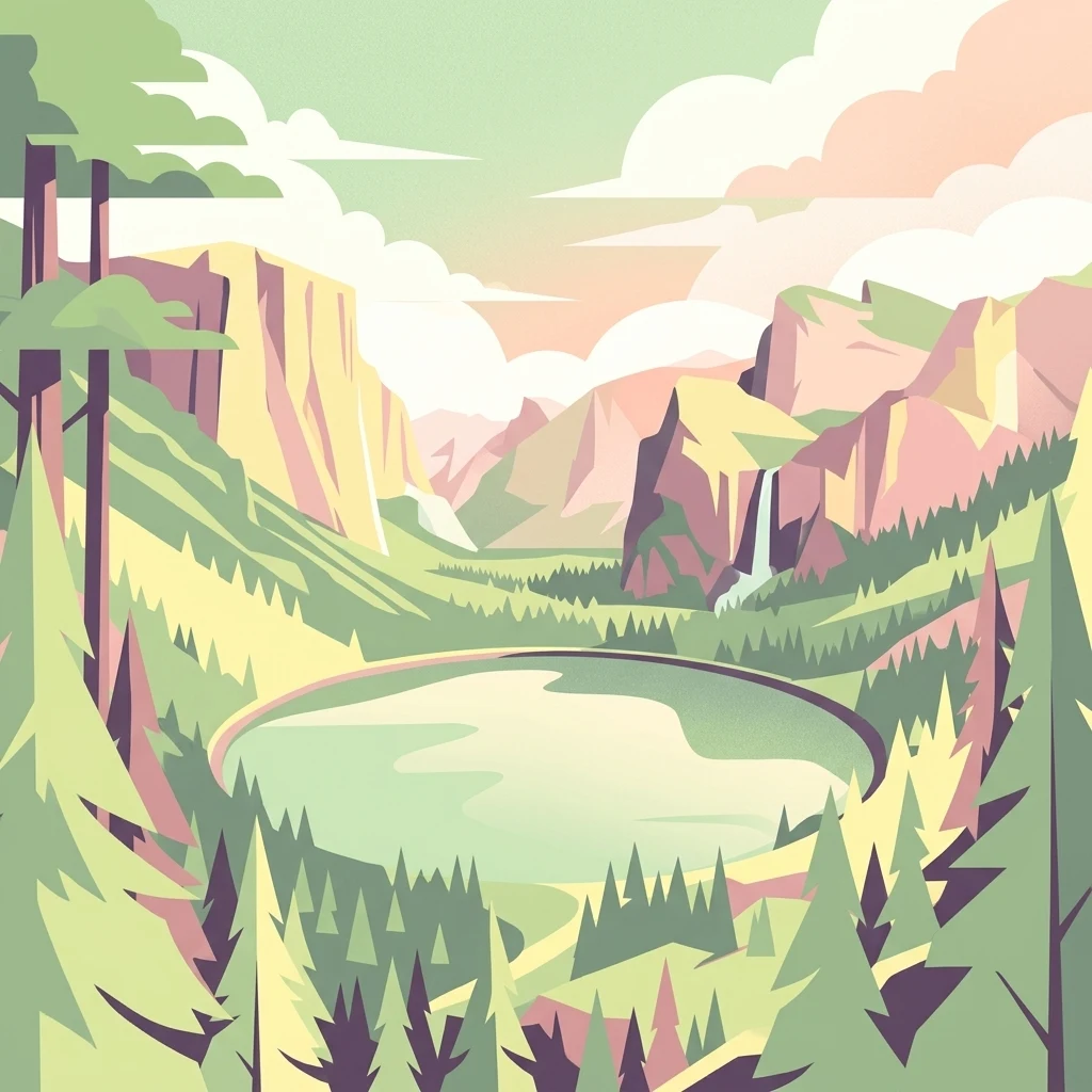 A graphic illustration of a mountain valley scene featuring a circular lake in the foreground, coniferous trees, steep cliffs, and a small waterfall in the background under a soft-toned sky.