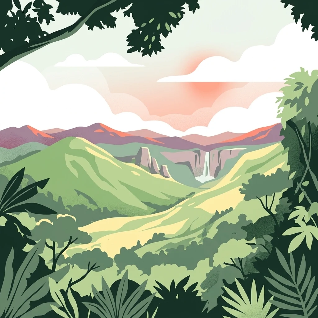 Una ilustración digital de un exuberante valle tropical al atardecer, con colinas verdes onduladas, montañas lejanas, una cascada central y hojas de selva en primer plano.