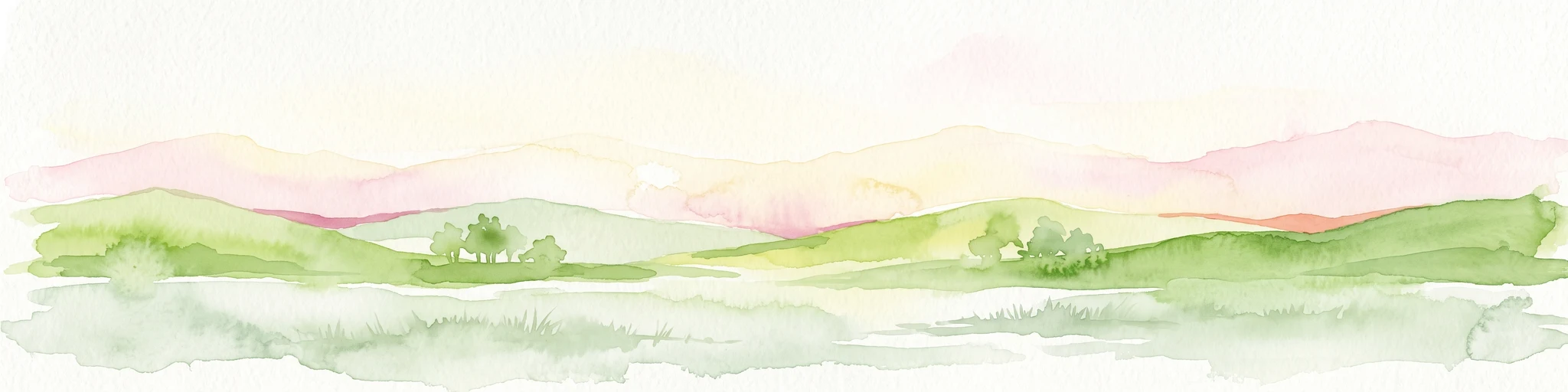 Una pintura en acuarela que muestra una vista panorámica estilizada de suaves colinas verdes y montañas lejanas de tonos rosados sobre un fondo blanco.