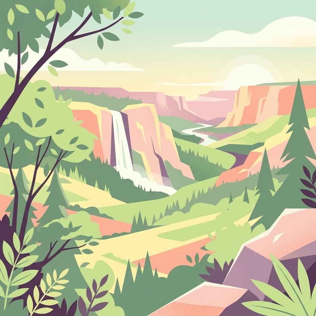 Stylized vector illustration showing a mountainous valley with a waterfall, winding river, and surrounding forests under a soft sunset sky.