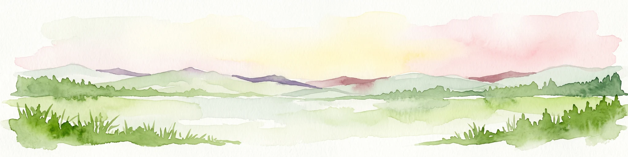Watercolor painting of a rolling forested landscape with soft pink and yellow sky.