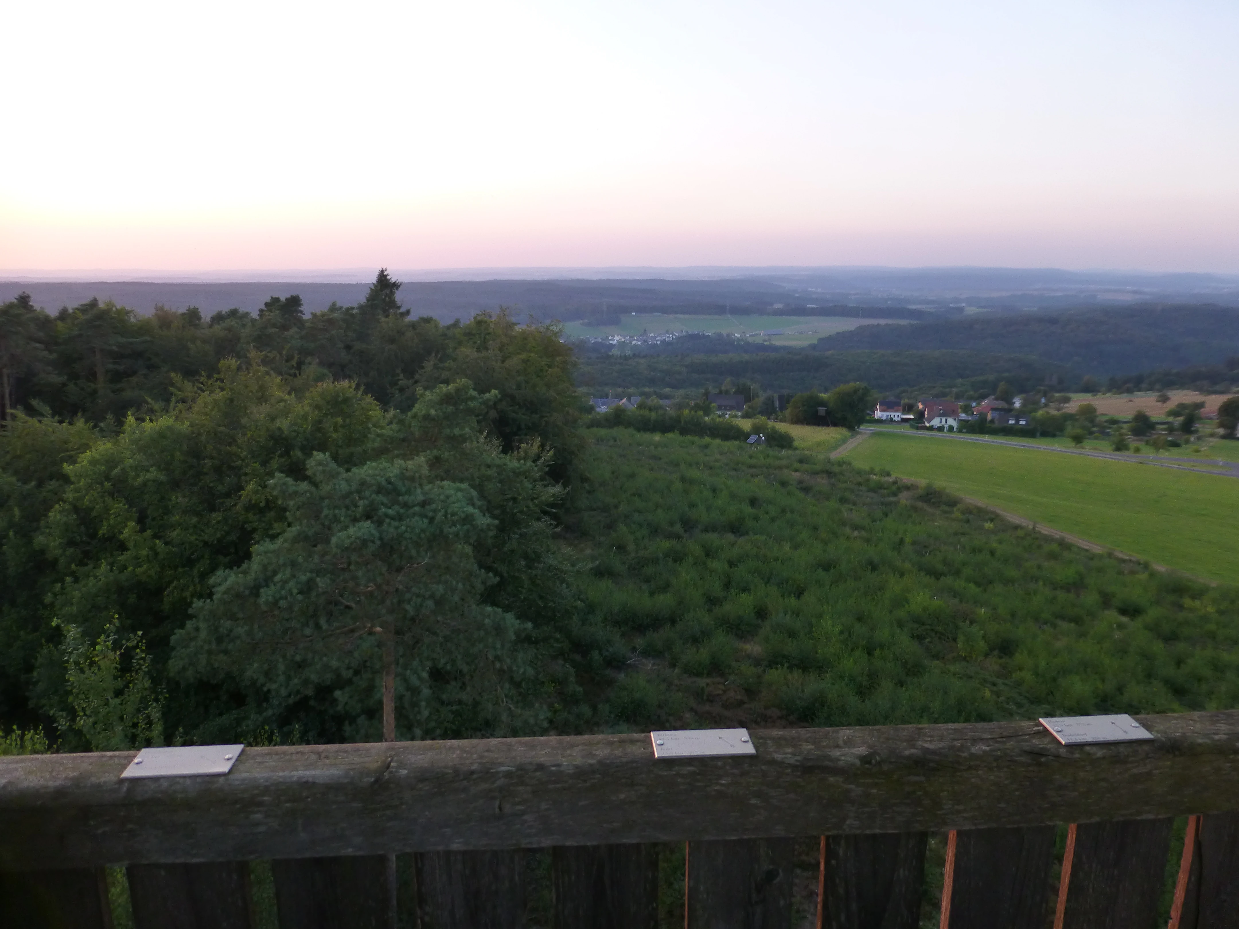 A wide, elevated view from a wooden observation platform looking out over dense green forest, fields, and rolling hills at twilight.