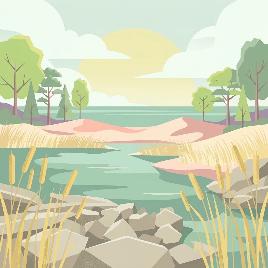 Una ilustración vectorial estilizada de un paisaje costero con una bahía o río tranquilo, dunas de arena, rocas dispersas en primer plano y frondosos árboles bajo un sol pálido y suave.
