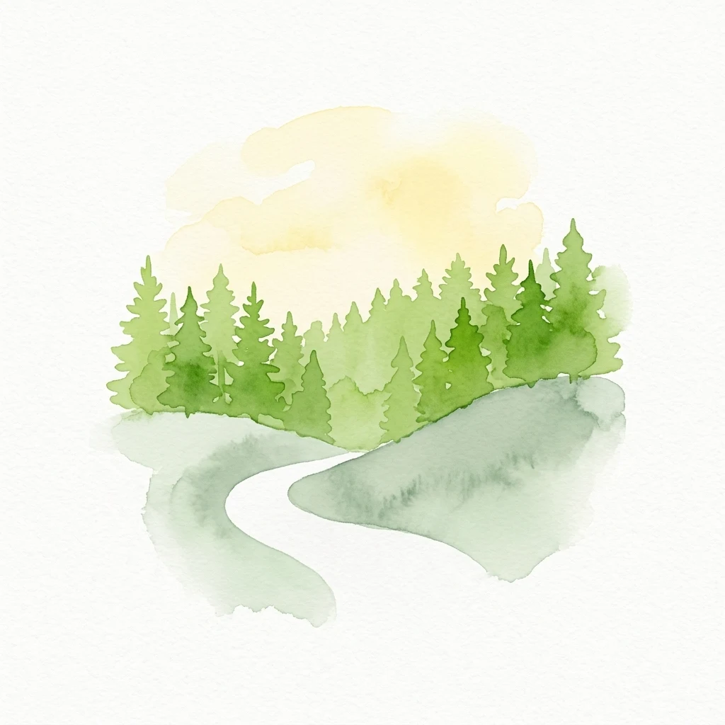 Pintura de acuarela de un río sinuoso a través de un paisaje boscoso con árboles verdes y un cielo amarillo claro
