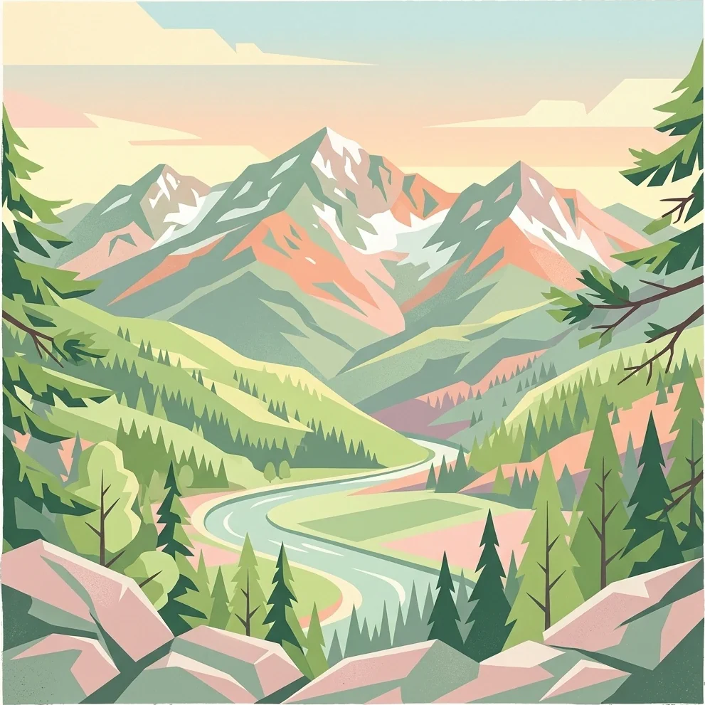 Ilustración de montañas con picos nevados, un río serpenteante a través de un valle y bosques densos con un primer plano rocoso