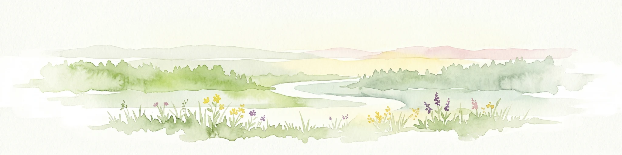 Ilustración de acuarela que muestra un río sinuoso a través de un campo de hierba con flores silvestres y colinas distantes bajo un cielo suave
