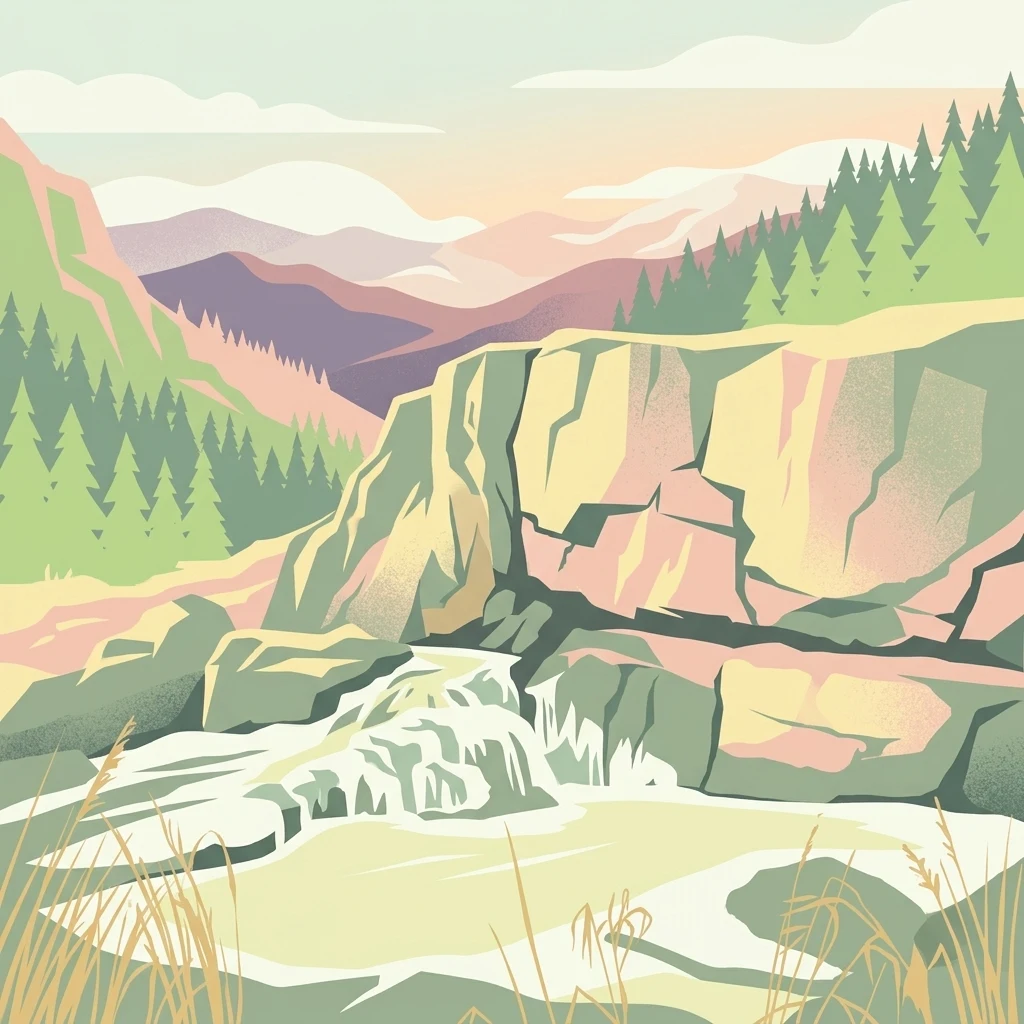A vector-style illustration showing a rocky waterfall cascading into a stream, surrounded by pine forests and distant mountains under a pastel sky.