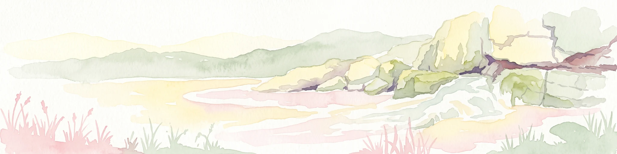 A wide watercolor illustration showing a pale landscape with a stream, rocky banks, distant hills, and pink and green grass in the foreground.