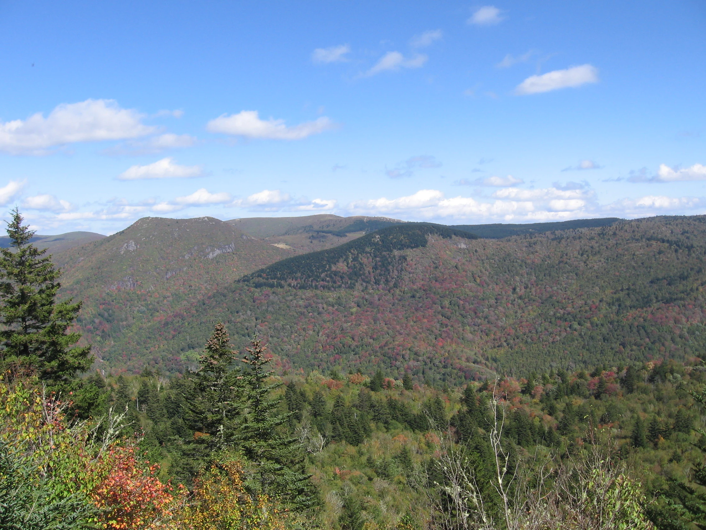 A wide, eye-level landscape photograph looking out over a series of forested mountain ridges under a blue sky with scattered clouds.