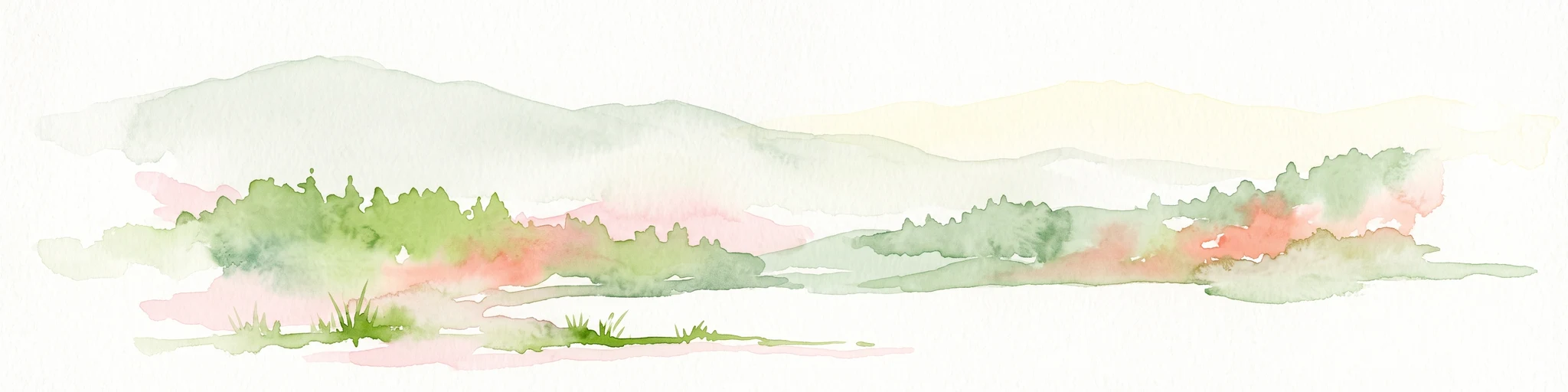 A pale, abstract watercolor painting depicting gentle, tree-covered mountain ridges against a white background.