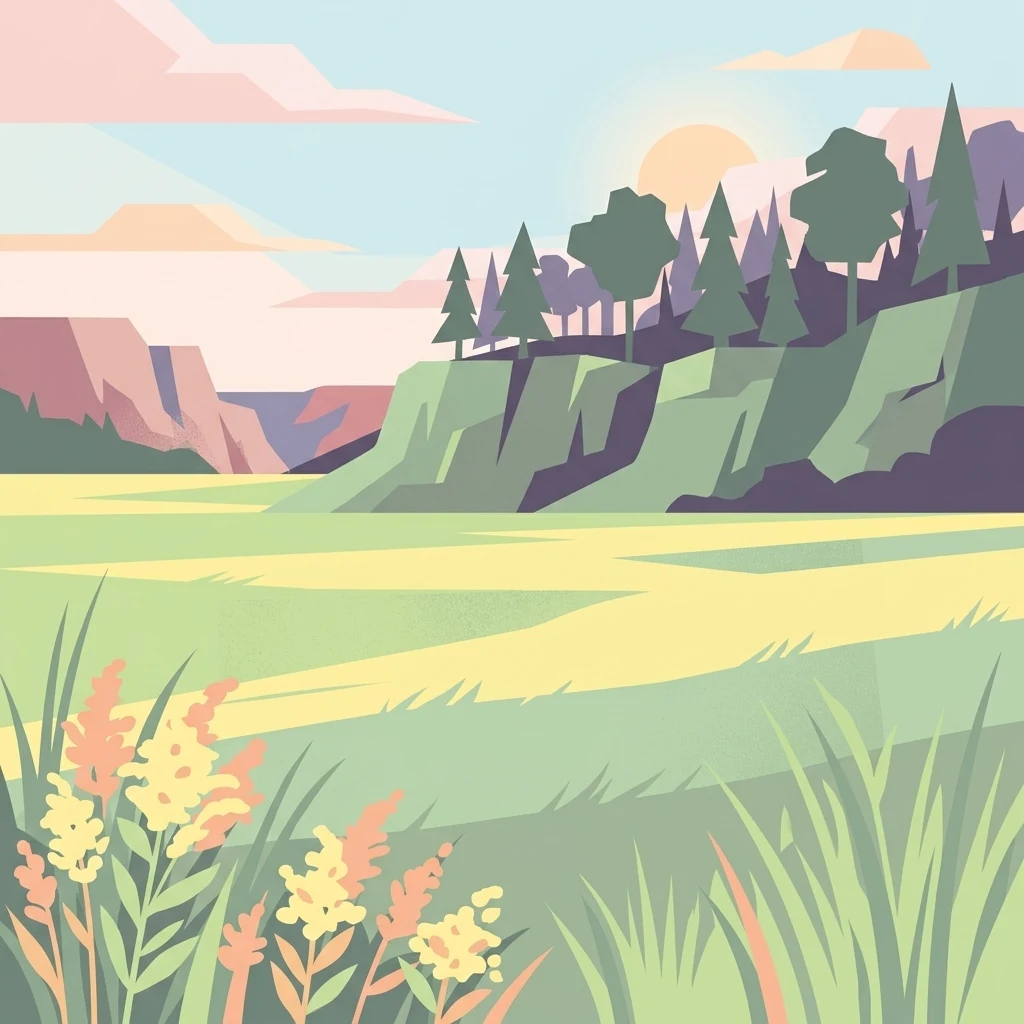 Una ilustración de estilo vectorial y diseño plano de una pradera de hierba alta con flores silvestres amarillas en primer plano, colinas verdes onduladas con pinos y árboles de hoja caduca dispersos en el plano medio, y suaves acantilados bajo un sol poniente al fondo.