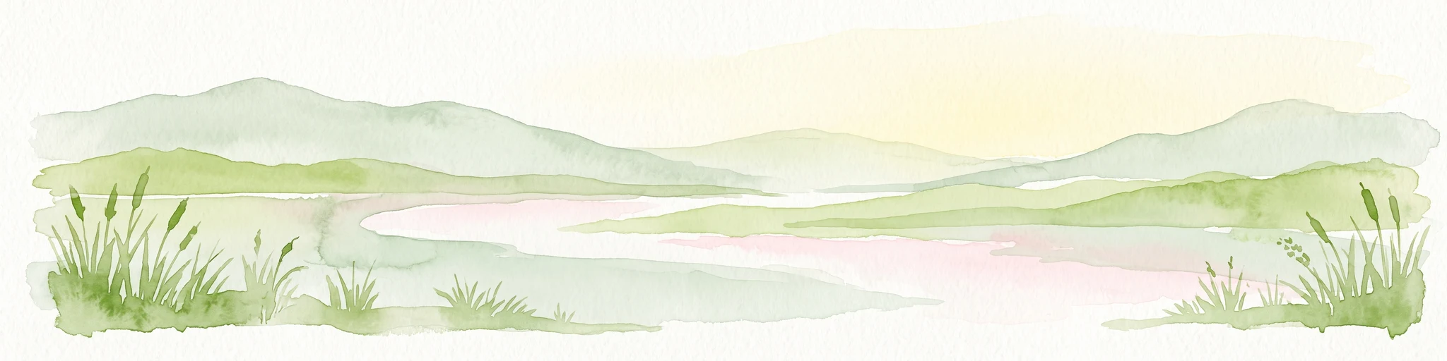 A watercolor painting showing a wide, panoramic view of a soft, green prairie landscape with rolling hills in the background and grassy reeds in the foreground.