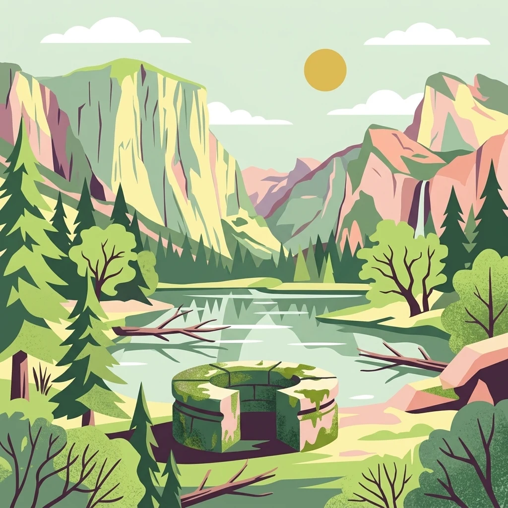 A stylized flat vector illustration of a valley with mountains in the background, a lake in the midground, and a moss-covered stone circular structure in the foreground.