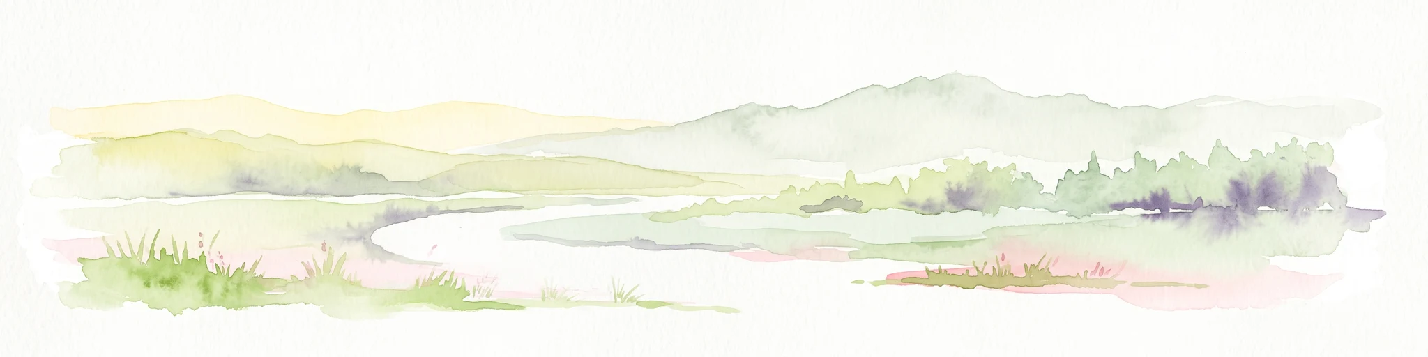 A soft, light-toned watercolor painting of a meandering river through a gentle, rolling landscape with trees and soft hills in the distance.