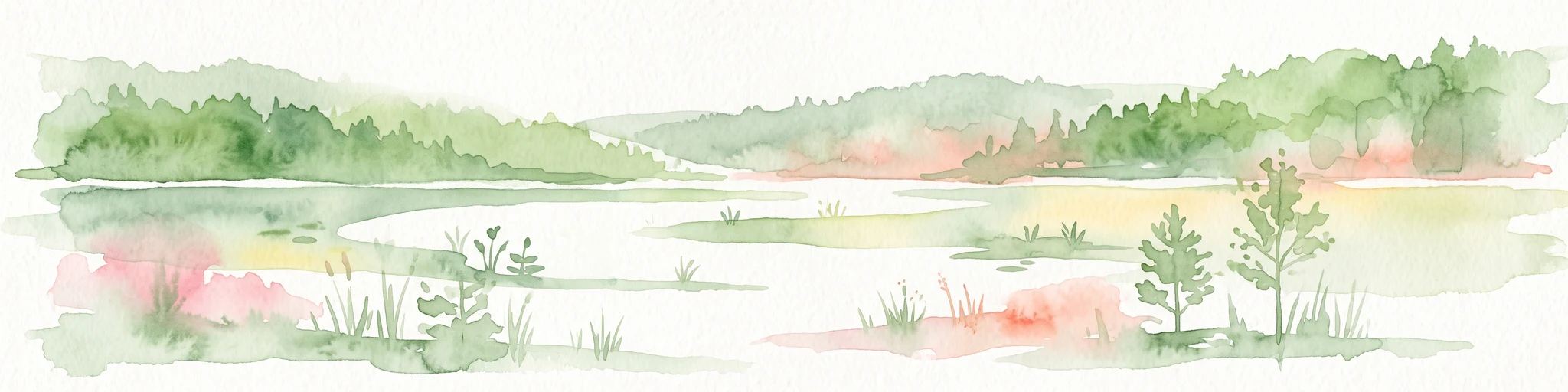 A panoramic watercolor illustration showing a calm lake bordered by pine trees and patches of pink shrubs under a pale sky.