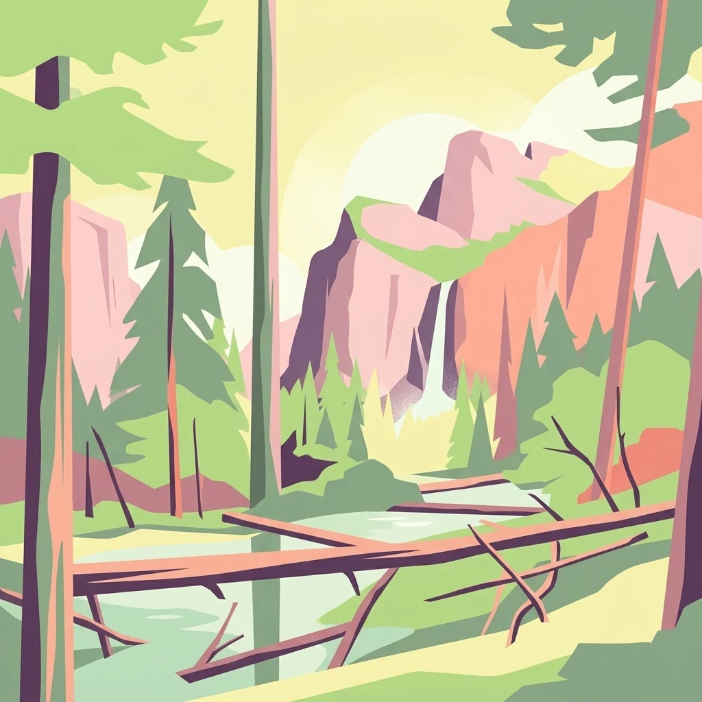 A stylized flat illustration of a forest with tall pine trees, a calm stream with fallen logs, and high rocky mountains in the background featuring a small waterfall.