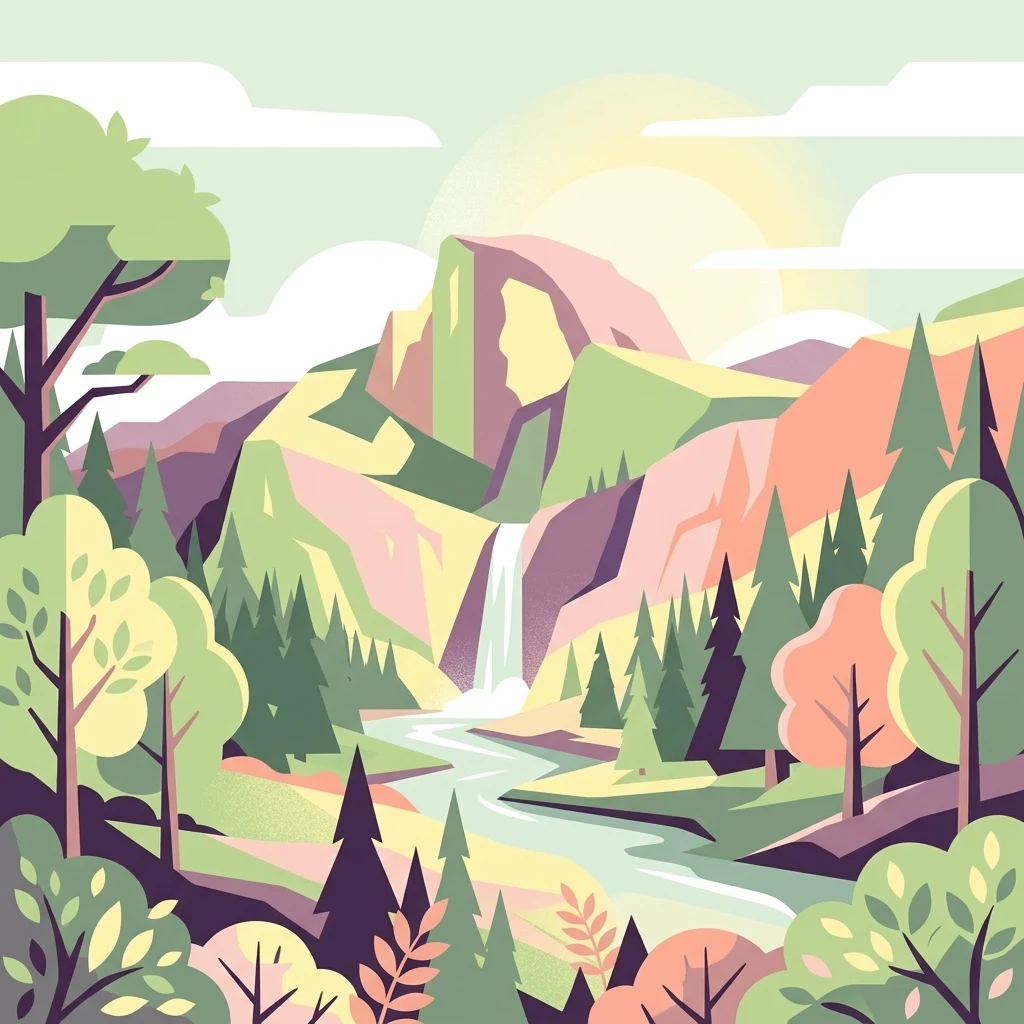 A stylized digital illustration showing a mountain range with a waterfall descending into a flowing river through a pine and deciduous forest.