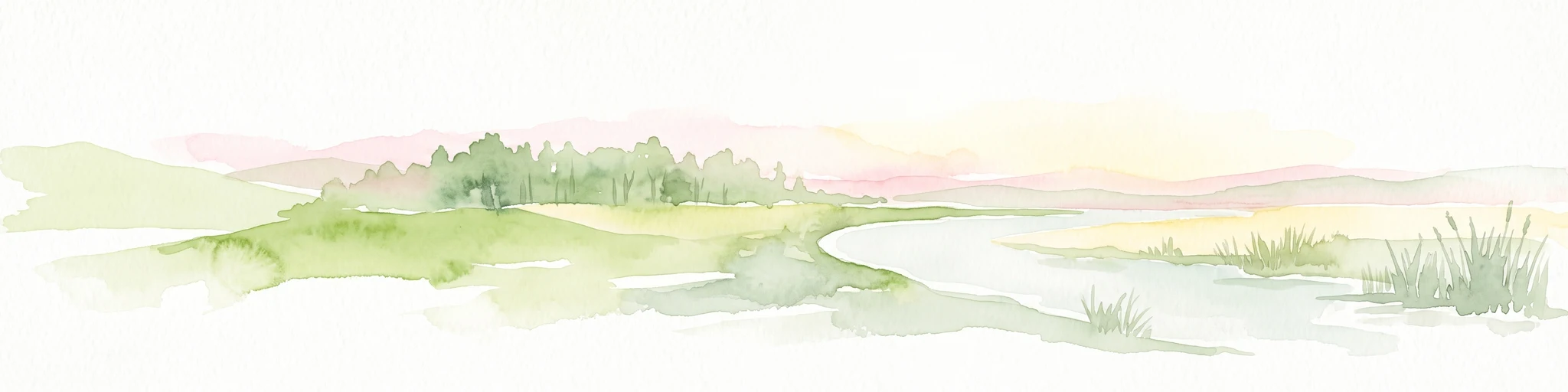 A watercolor painting showing a soft, bright, and airy landscape with a lush forest, grassy meadow, and a winding river against a light, pale sky.