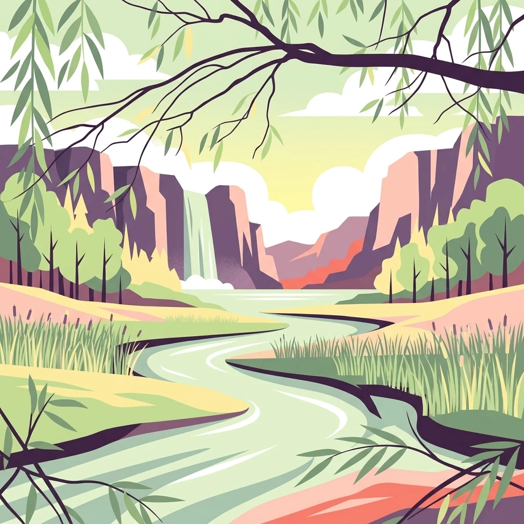 A stylized vector illustration of a river winding through a wetland valley with a waterfall in the background, framed by willow branches.