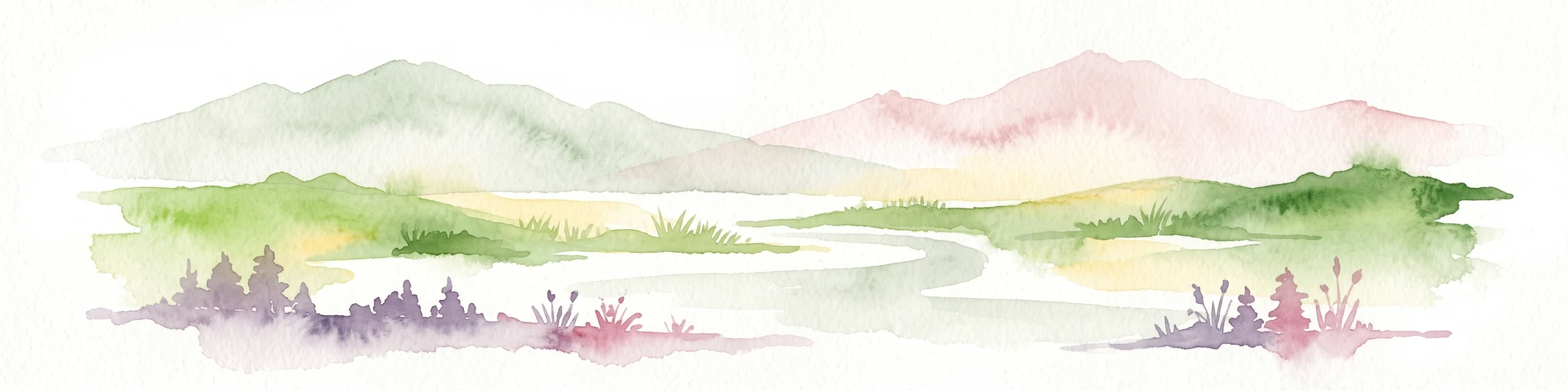 A watercolor painting showing a soft, stylized landscape of rolling hills, a central body of water, and small shrubs in the foreground, all set against a white background.
