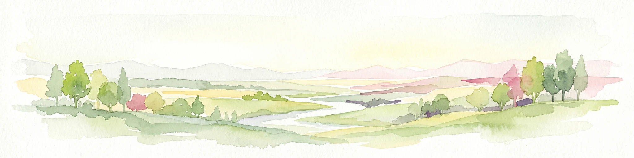 Ilustración acuarela de un río fluyendo a través de un campo cubierto de hierba con árboles dispersos y colinas distantes bajo un cielo suave
