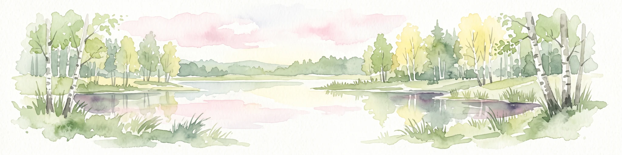 Una pintura horizontal en acuarela de una escena serena de humedal con abedules, agua tranquila que refleja el cielo y orillas cubiertas de hierba.