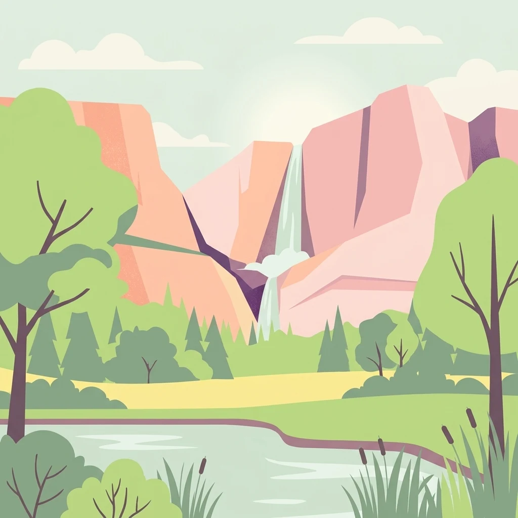 A flat-style vector illustration showing a waterfall cascading between large rock cliffs into a pond, framed by green trees and reeds.